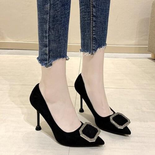 2021 Spring Women Bling Rhinestone Thin High Heels Suede 9cm Pumps Designer Crystal Wedding Party Shoes Zapatos De Mujer Tacon