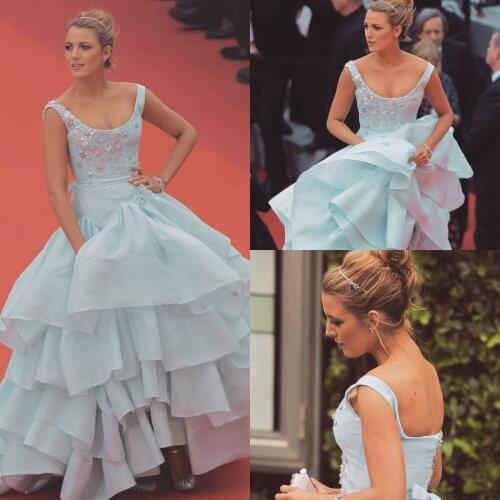 Blue Evening Dresses for Women Tiered Skirts Appliqued Beaded Prom Dress Sweep Train Formal Robe De Soirée