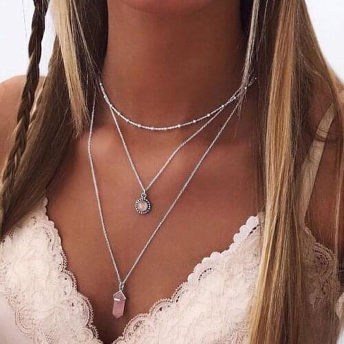 Elegant Multilayer Beads Chains Pink Crystal Gem Pendant Necklace for Women Bohemian Vintage Geometric Necklace Jewelry YN1692