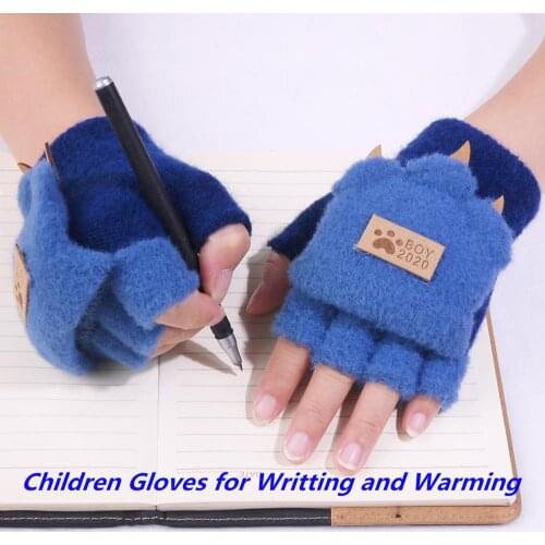 Winter Boys Fingerless Gloves Kids Flip Cover Cute Animal Warm Knitted Stretch Touch Screen Students Writing For 5-12 Years Old