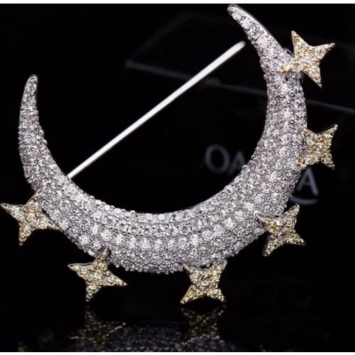 Zlxgirl Perfect AAA Cubic Zircon Moon Stars brooches men jewelry fashion womens copper Clothing scarf pins free Velvet bags