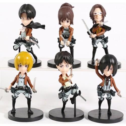 6pcs/set Attack on Titan Q Version Figures Toys Eren Jager Mikasa Levi Ackerman Armin Arlert Hanji Zoe Sasha Braus