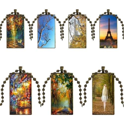Bronze Color Glass Cabochon With Rectangle Shaped Pendant Choker Necklace For Women High Quality Girls Autumn In Paris Nature
