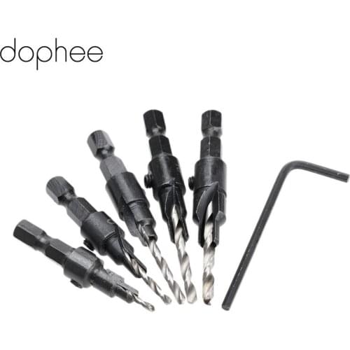 Dophee 5PCS Change HSS Wood Countersink Drill Set +1/4" Hex Shank Screw #5 #6 #8 #10 #12 Counter Bore Bit Set Woodworking Tools