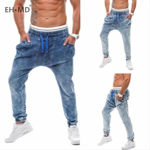 EH·MD® Mens Trousers Harlan Jeans Drawstring Lace Up Sweat Pants Dark Blue Large size High Elasticity Slim Fit Loose Fashion