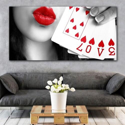 GOODECOR Modern Red Lips Women Canvas Painting Poker LOVE Wall Prints Poster Art Picture for Living Room Decoration No Frame