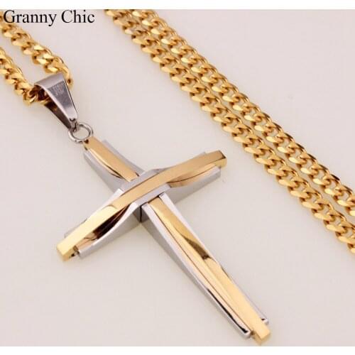 Granny Chic Popular Sale Mens Silver Gold Stainless Steel Simple Cross Pendant Curb Chain Necklace including