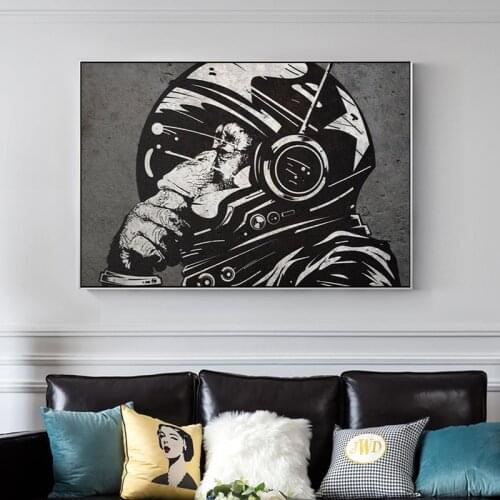 Astronaut Monkey Canvas Print Wall Chimp Thinker Black and White PAinting Thinking Artwork Room Street Art Banksy Graffiti Decor