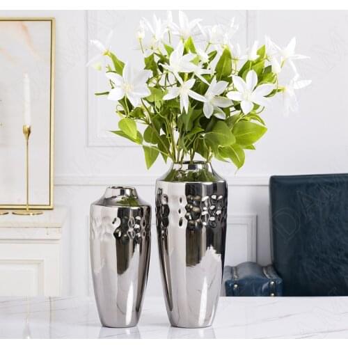 Silver Plating Craft Ceramic Vases Living Room Decorative Desktop Plant Pots Bedroom Dried Flowers Organizer Home Decoration