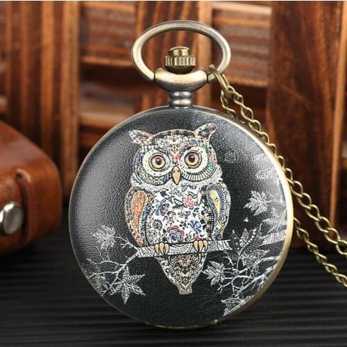 Classic Mens Pocket Watch Owl Pattern Black Pocket Watch for Boy Arabic Digital Quartz Movement Pocket Watches for Teenager