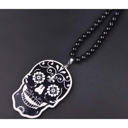 New Hip Hop Skull Pendant Necklace For Men Long Bead Maxi Chain Skull Necklaces Male Jewelry Bijoux Gift Collares Bijouterie