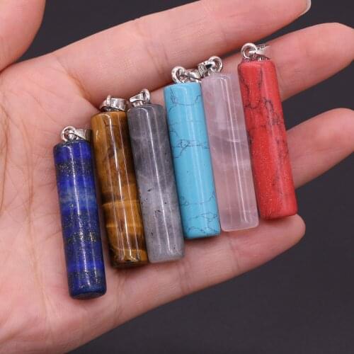 Natural Stone Cylindrical Tiger Eye Flash Labradorite Clear Quartzs Pendant for DIY Earring Necklace Jewelry Making Gift 10x43mm
