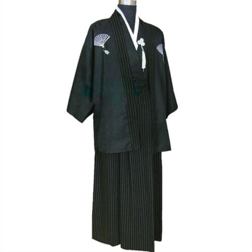 Cosplay Apparel Black Mens Traditional 3PC Japanese Haori KimonoYukata Dramaturgic Costume Clothing One Size 717-13