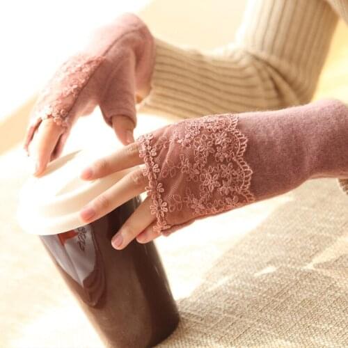Elegant Lace Winter Gloves Women Semi-finger Thermal Wool Gloves Spring Autumn Soft Ladies Gloves Red,Black,Coffee,Khaki,Purple