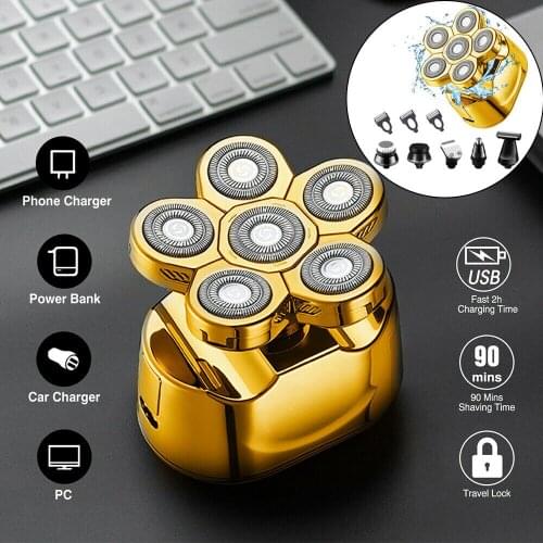 Rechargeable Bald Head Electric Shaver 6 Floating Heads Beard Nose Ear Hair Trimmer Facial Massage Cleaning Brush