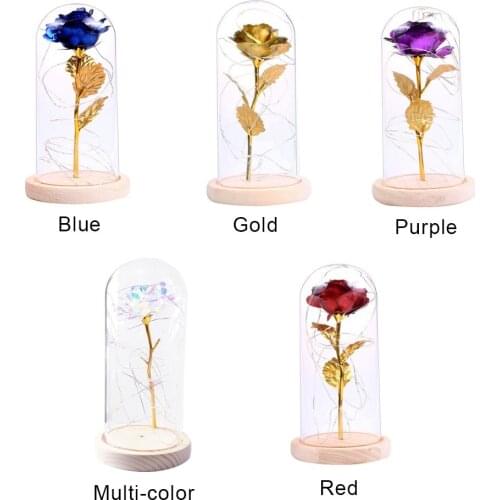 Birthday Gift Beautiful Decorate Rose Flower LED Light with Glass Cover Wooden Base Valentines Day Wedding Present