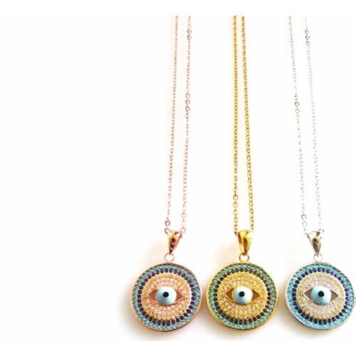 Genuine 925 Sterling Silver Necklace Turkey Round Evil Eye Necklaces with AAA Zirconia pendant For Woman Jewelry 2018
