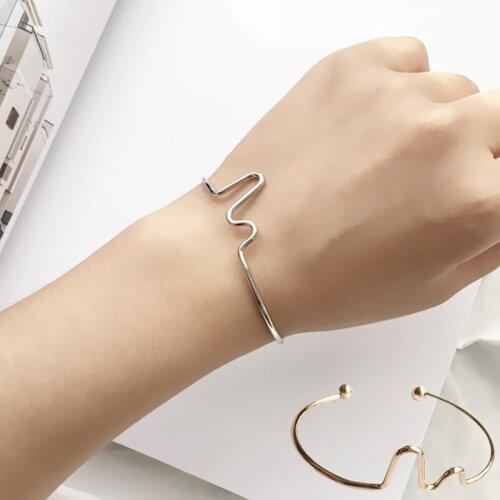 Hot Punk Style Heart Beat Open Cuff Wave Bangles & Bracelet for Man Women Fashion Jewelry ECG Curved Pulseiras Bangle Party Gift