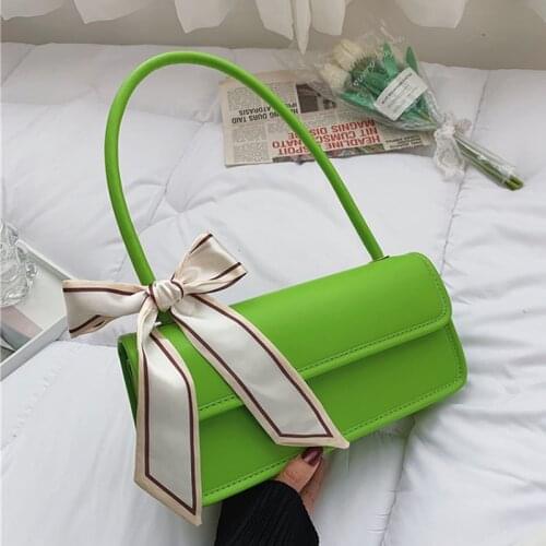 2021 Luxury Women Silk Scarf Axillary Baguette Bags Green Yellow PU Leather Chic Shoulder Bags Female Messenger Bags Handbags
