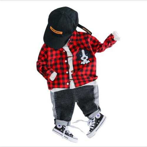 Spring Autumn Baby Girls Boys Clothing Sets Lapel Plaid Shirt Jeans Kids Cartoon Children Costume Infant Leisure Clothes Suits