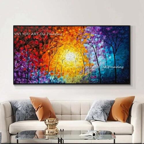 Hand Painted Knife Abstract Colorful Tree Landscape Oil Painting on Canvas Wall Art Picture Living Room Wall Decor No Frame