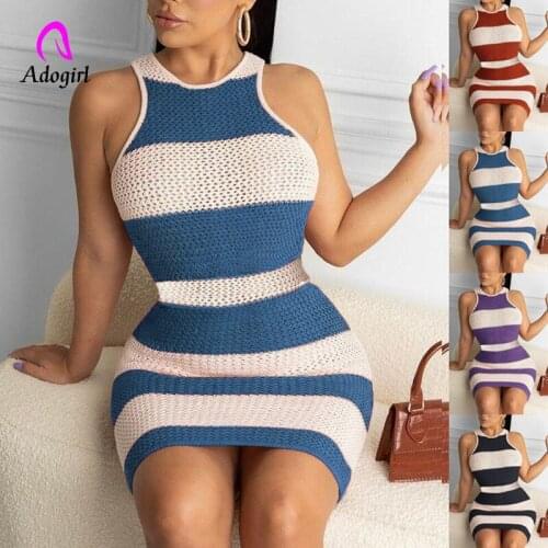 Knitted Women Mini Dresses Sleeveless Stripes Bodycon Dresses 2021 Autumn Workout Activewear Sexy Night Club Party Slim Vestidos
