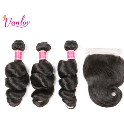 Vanlov 3 Bundles And Closure Loose Wave Bundles With Closure 4x4 Malaysia Human Hair Bundles With Closure Remy Human Hair