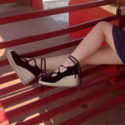 Vintage Flock Round Toe Cross-tied Gladiator Wedges For Women Fashion Middle Height 7 cm Pumps Size 33-40 Ladies Rome Wedges