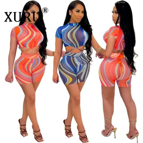 XURU European and American Summer Print Jumpsuit with Waist Tie Sexy Color Striped Jumpsuit Two-piece Womens Clothing