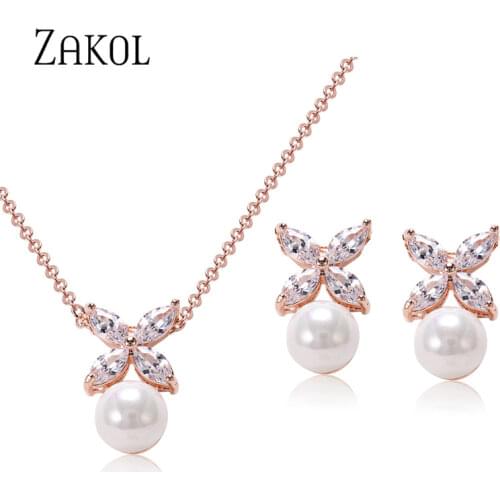 ZAKOL Simulated Pearl Jewelry Set Trendy Leaf Crystal Cubic Zircon Pendant Necklace Earrings Set for Women FSSP293