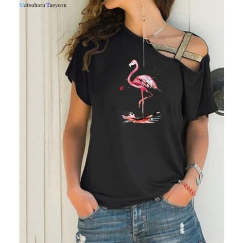 Womens T-shirts Flamingo Cute Tops Female Clothes Kawaii Streetwear Cartoon Graphic Tee Vintage Aesthetic Shirt