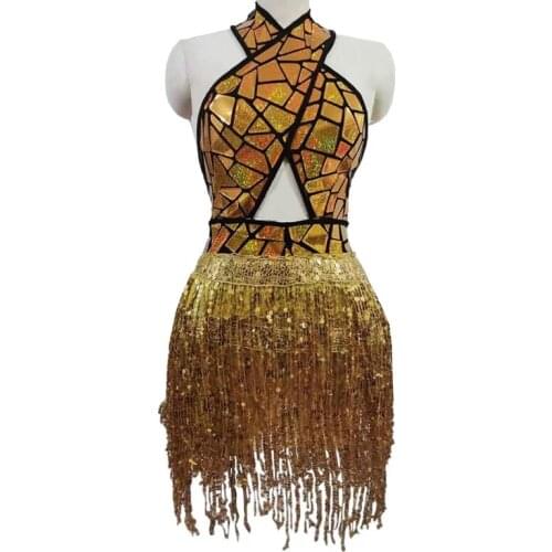 Sequin Fringe Backless Short Dress Women Latin Dance DS Show Wear Birthday Club Prom Singer Costume