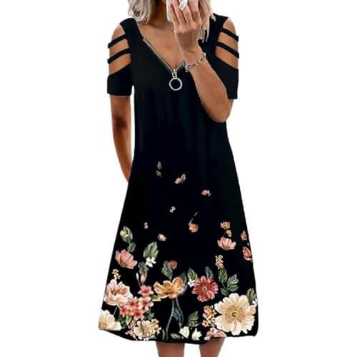 80%HOT Women Dress Flower Print Loose Summer Short Sleeve V Neck Dress for Dating