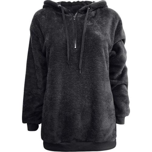 Winter Fluffy Fur Sweatshirt Oversized Coat Wool Zipper Cotton Padded Plus Velvet Women Pocket Zip Up Hoodie Hat Tunic Black 5XL