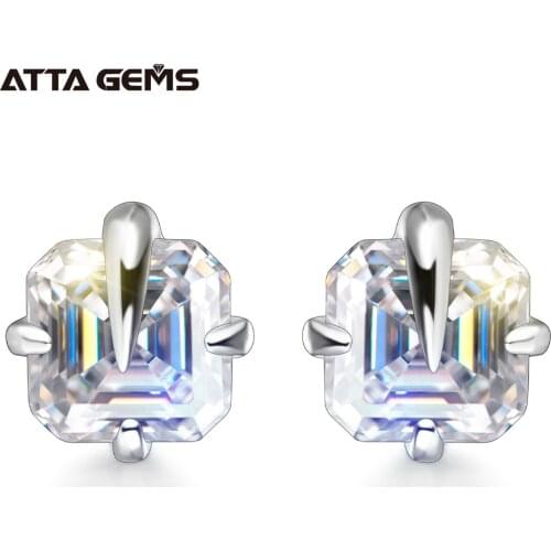 ATTAGEMS Total 0.8ct EF Asscher Diamond Test Passed Moissanite 18K White Gold Plated 925 Silver Earring Jewelry Woman Girl Gift