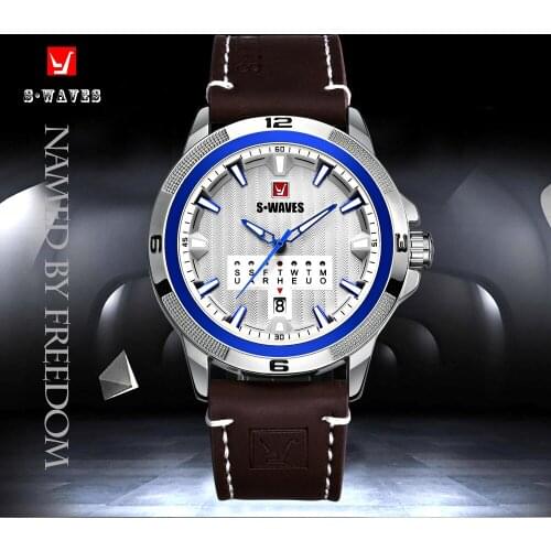 SWAVES Leather Band Watch Men Unique Silver Blue Week Mens Wrist Watches Quartz Waterproof Luxury Analog Relojes Para Hombre