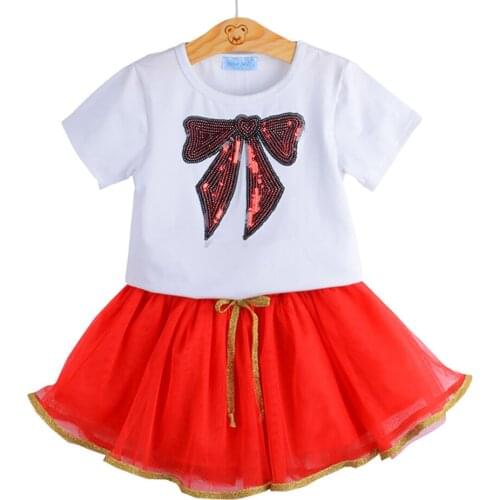 Baby Girl Clothing Fashion Bow T-shirt + Floral Tulle Dress 2pcs Kids Summer Lace Patchwork Set 1-6T