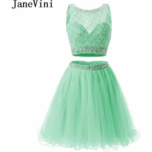 JaneVini Luxury Two Pieces Homecoming Dresses Short Mint Sparkling Crystals Beading Tulle Bleu Party Wear Gown Graduation Dress