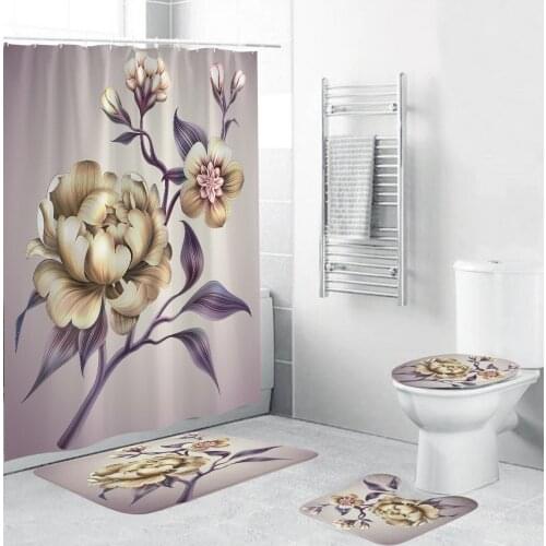 High Quality Flower Printed Shower Curtain Set Bath Mats Rugs Purple Leaves Pedestal Rug Toilet Lid Cover Anti-skid Mat Carpet