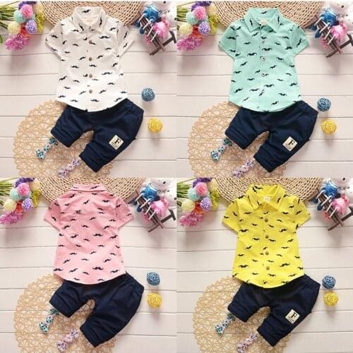 2 Pcs Kids Fashion Shirt Suits Baby Boys Short Sleeve T-shirt + Pants Outfits Set 1-3Y Cotton