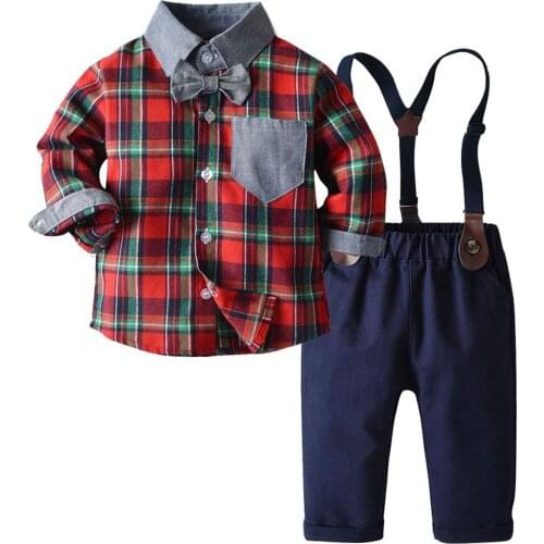 Toddler Dress Suit Baby Boys Gentleman Clothes Sets Bow Ties Shirts + Suspenders Lattice British style classic style Korean M5