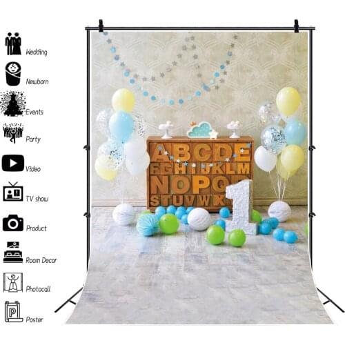 Laeacco Child 1st Birthday Photo Background Toy Balloons Banner Baby Shower Portrait Family Shoot Photocall Photography Backdrop
