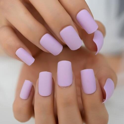 Matte Presson Nails Medium Length Square Lavender Solid Color Bare Fake Nails False Full Cover Nail Tips For Daily