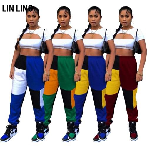 LINLING Fashionable and Simple Stitching Women Casual Pants with Bunched Feet and Loose Sports Trousers