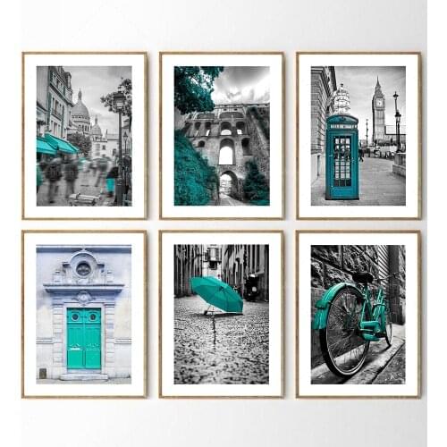 Ensemble de 6 impressions, Europe Turquoise Style Noir et Blanc Paysage Image Wall Art Canvas Painting vintage Posters Landscape