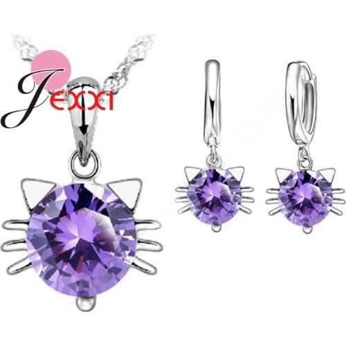 Factory Price 925 Sterling SIlver Jewelry Sets Cubic Zircon Cute Cat Cute Pendant Necklace Hoop Earrings For Women Girls
