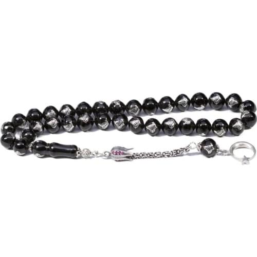 Natural Jet Stone Prayer Bead With Silver Tassel Men Rosary With Ottoman Tugra Embroidered Islamic Tasbih With Crescent Tassel