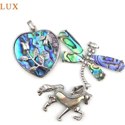 Natural Rainbow Abalone Shell Heart Dragonfly Horse Shape Shell Pendants Jewelry Beach Shell Pendants For Womens Gift Necklace