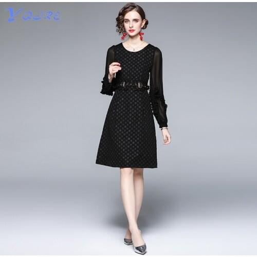 YQJRE 2021 Fall New Casual Round Neck Long Sleeve Black Belt Office OL Ruffle Dress