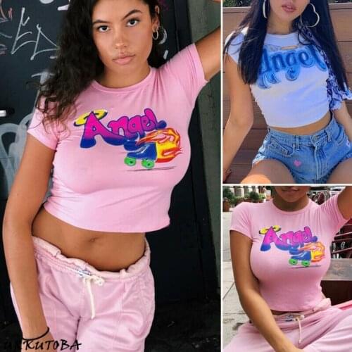 New Women Slim Tops Casual Printed Crop Top Short Sleeve T-Shirt Cami Clubwear
